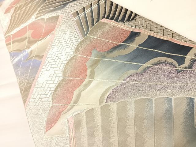 平和屋着物◎六通柄袋帯　唐織　舞扇文　銀糸　正絹　逸品　AABB6055yx
