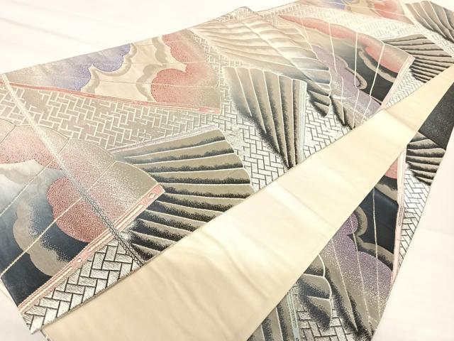平和屋着物◎六通柄袋帯　唐織　舞扇文　銀糸　正絹　逸品　AABB6055yx
