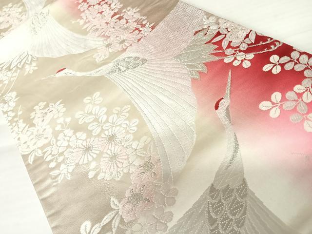 平和屋着物◎西陣　六通柄袋帯　唐織　飛鶴花文　銀糸　正絹　逸品　AABB6057yx