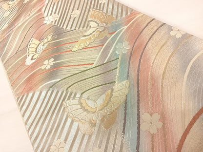 平和屋着物◎六通柄袋帯　花蝶文　金糸　正絹　逸品　AABB6059yx