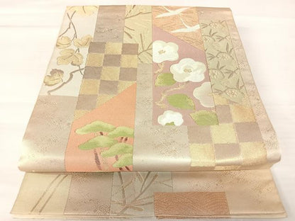 平和屋着物◎六通柄袋帯　短冊飛鶴花文　金糸　正絹　逸品　AABB6066yx