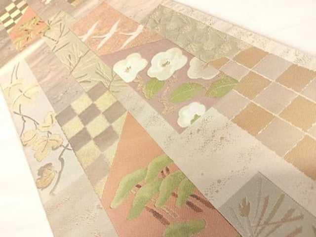 平和屋着物◎六通柄袋帯　短冊飛鶴花文　金糸　正絹　逸品　AABB6066yx