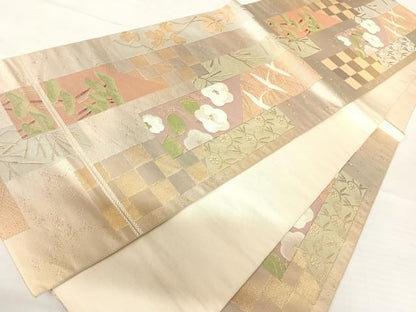 平和屋着物◎六通柄袋帯　短冊飛鶴花文　金糸　正絹　逸品　AABB6066yx