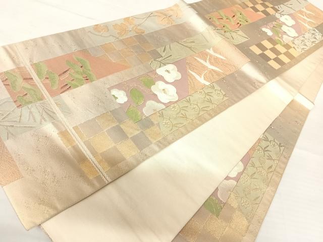 平和屋着物◎六通柄袋帯　短冊飛鶴花文　金糸　正絹　逸品　AABB6066yx