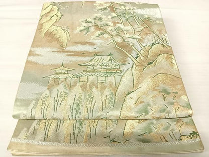 平和屋着物◎六通柄袋帯　唐織　風景文　金糸　正絹　逸品　AABB6077yx