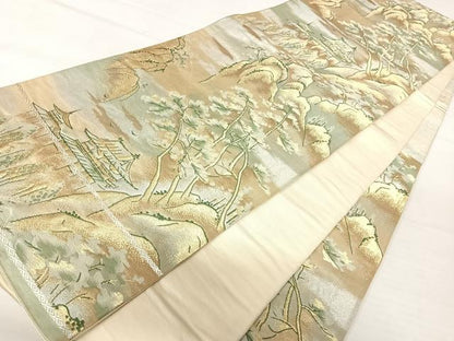 平和屋着物◎六通柄袋帯　唐織　風景文　金糸　正絹　逸品　AABB6077yx