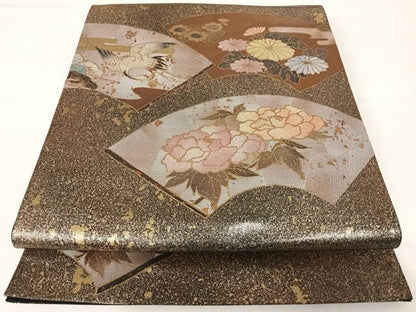 平和屋着物◎太鼓柄袋帯　地紙飛鶴花文　引箔　正絹　逸品　AABB6079yx