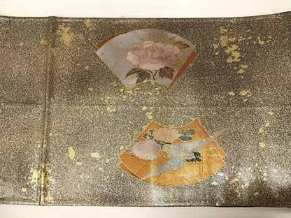 平和屋着物◎太鼓柄袋帯　地紙飛鶴花文　引箔　正絹　逸品　AABB6079yx