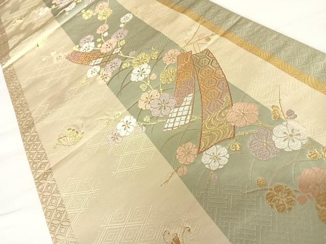 平和屋着物◎六通柄袋帯　唐織　短冊花文　金糸　正絹　逸品　AABB6109yx