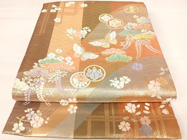 平和屋着物◎六通柄袋帯　唐織　花蝶文　金糸　正絹　逸品　AABB6117yx