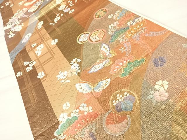 平和屋着物◎六通柄袋帯　唐織　花蝶文　金糸　正絹　逸品　AABB6117yx