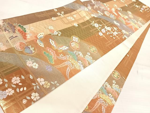 平和屋着物◎六通柄袋帯　唐織　花蝶文　金糸　正絹　逸品　AABB6117yx