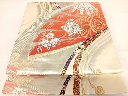 平和屋着物◎六通柄袋帯 唐織 御所車花文 金銀糸 正絹 逸品 AABB6138yx
