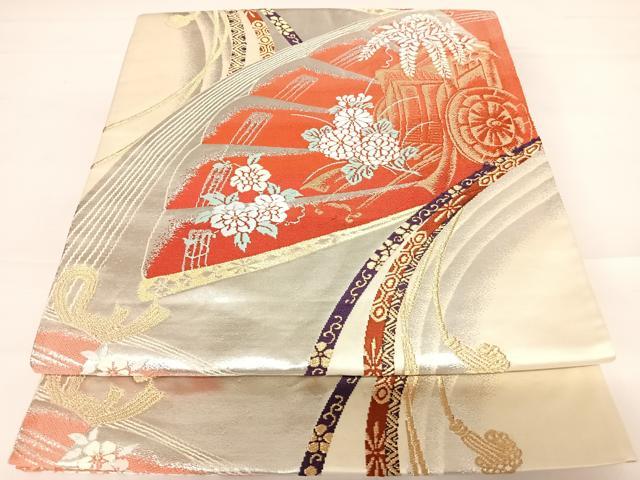 平和屋着物◎六通柄袋帯 唐織 御所車花文 金銀糸 正絹 逸品 AABB6138yx