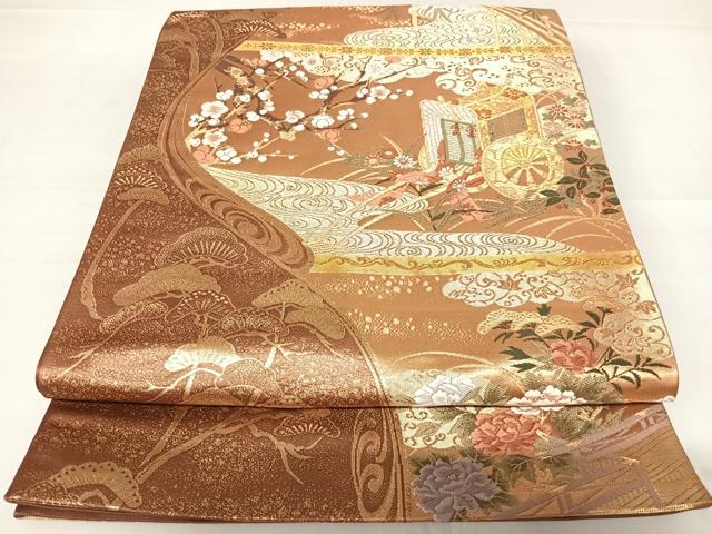 平和屋着物◎六通柄袋帯 唐織 吉祥花車文 金糸 正絹 逸品 AABB6140yx
