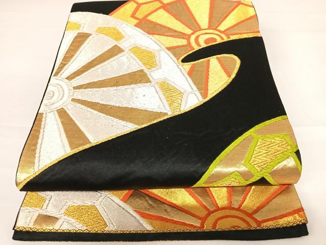 平和屋着物◎六通柄袋帯 片輪車文 黒地 金銀糸 正絹 逸品 AABB6145yx