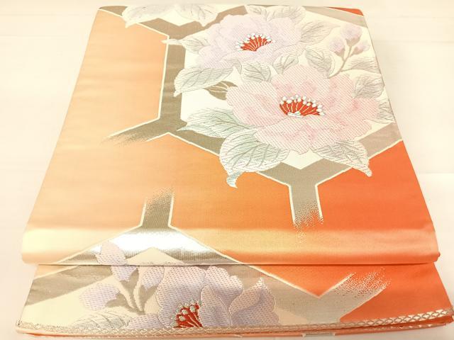平和屋着物◎六通柄袋帯　唐織　亀甲花文　銀糸　正絹　逸品　AABB6147yx