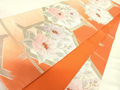 平和屋着物◎六通柄袋帯　唐織　亀甲花文　銀糸　正絹　逸品　AABB6147yx