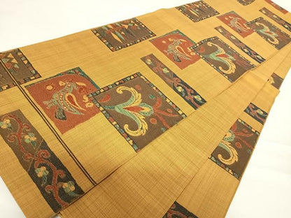 平和屋着物◎六通柄袋帯　紬地　更紗花鳥文　正絹　逸品　AABB6152yx