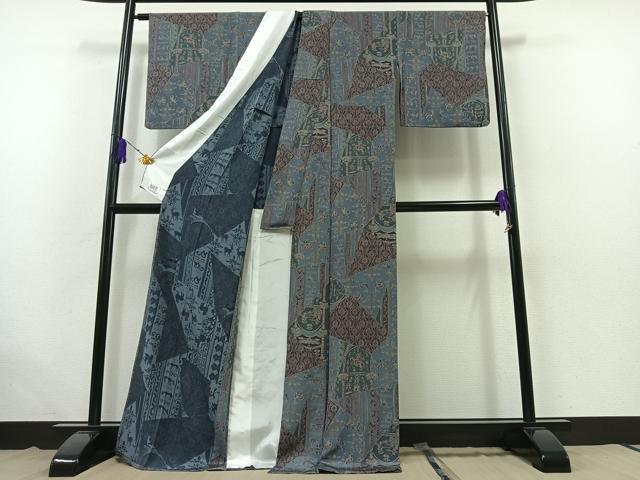 平和屋着物▽上質な小紋 単衣 鳥獣花文 ロング丈 正絹 逸品 AABB6203jh