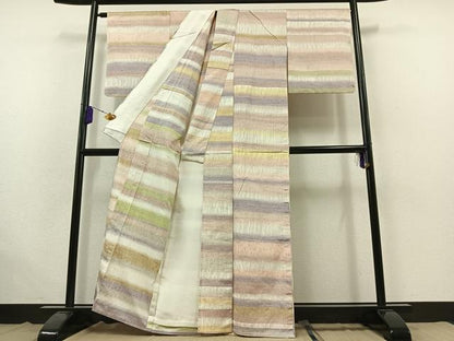 平和屋着物▽上質な紬 単衣 絞り 横段文 正絹 逸品 AABB6206jh