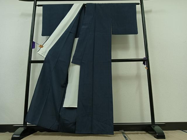 平和屋着物▽本塩沢 単衣 110亀甲 斜縞 正絹 逸品 AABB6212jh