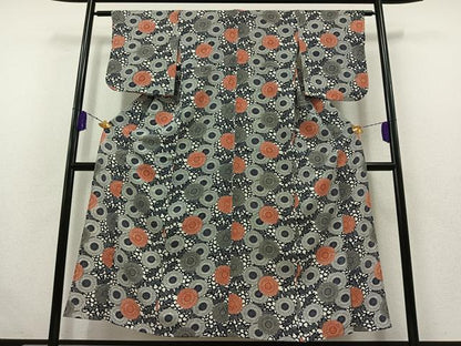 平和屋着物▽上質な小紋 単衣 紬地 型染め 花尽くし 正絹 逸品 AABB6221jh