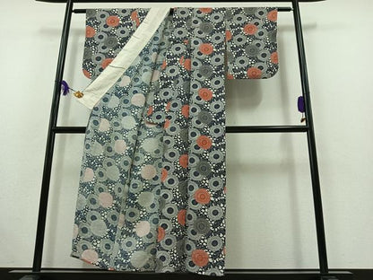 平和屋着物▽上質な小紋 単衣 紬地 型染め 花尽くし 正絹 逸品 AABB6221jh