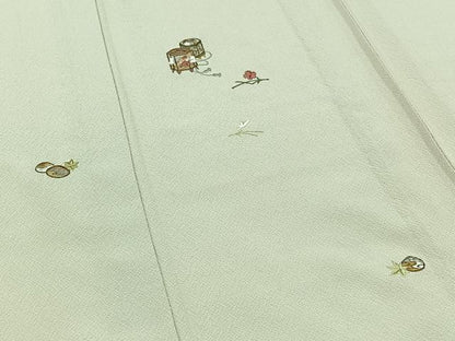 平和屋着物▽訪問着　単衣　総刺繍　貝桶花文　金糸　正絹　逸品　AABB6235jh