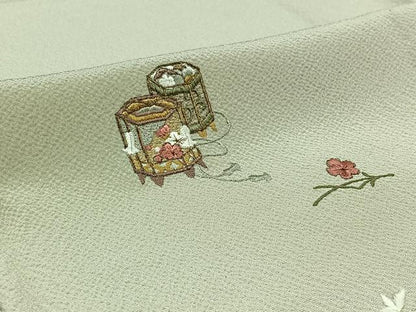 平和屋着物▽訪問着　単衣　総刺繍　貝桶花文　金糸　正絹　逸品　AABB6235jh
