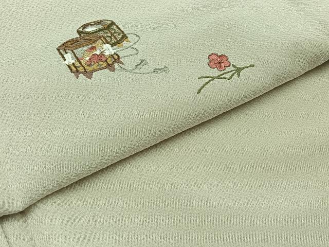 平和屋着物▽訪問着　単衣　総刺繍　貝桶花文　金糸　正絹　逸品　AABB6235jh