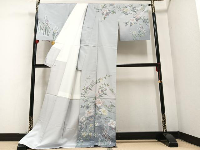 平和屋着物●本場大島紬 訪問着 友禅 枝花文 暈し染め ロング丈 正絹 逸品 AABB6241ph