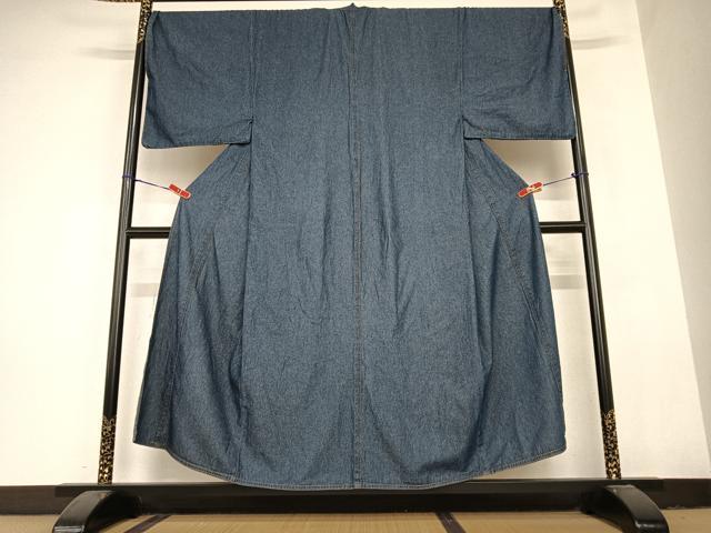 平和屋着物▽デニム着物 男性 小紋 単衣 デニム地 青藍色 綿 逸品 AABB6349zg