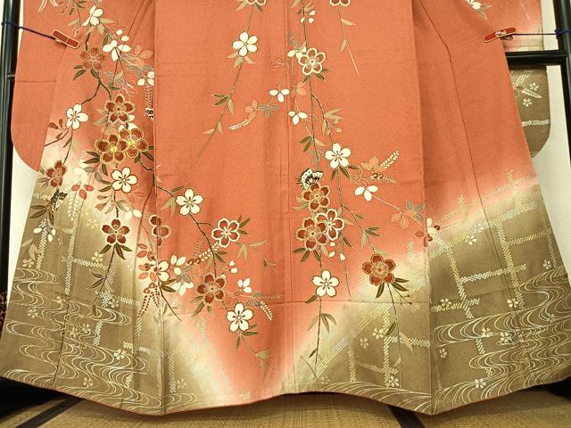 平和屋着物●豪華振袖 駒刺繍 花蝶文 暈し染め 金銀彩 正絹 逸品 AABB6357zg