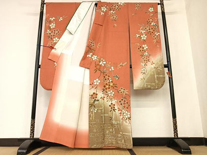 平和屋着物●豪華振袖 駒刺繍 花蝶文 暈し染め 金銀彩 正絹 逸品 AABB6357zg