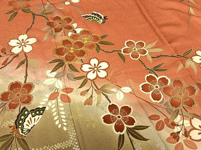 平和屋着物●豪華振袖 駒刺繍 花蝶文 暈し染め 金銀彩 正絹 逸品 AABB6357zg
