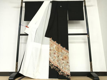 平和屋着物●総刺繍 黒留袖 中国三大刺繍 汕頭刺繍 スワトウ刺繍 更紗花文 金糸 正絹 逸品 AABB6401zg