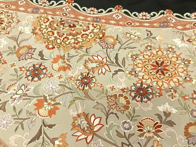 平和屋着物●総刺繍 黒留袖 中国三大刺繍 汕頭刺繍 スワトウ刺繍 更紗花文 金糸 正絹 逸品 AABB6401zg