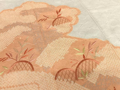 平和屋着物●訪問着　絞り　刺繍　草花籬文　銀彩　正絹　逸品　AABB6475zg