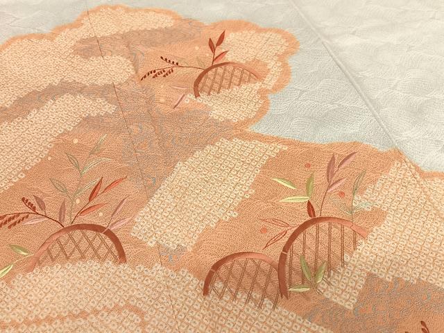 平和屋着物●訪問着　絞り　刺繍　草花籬文　銀彩　正絹　逸品　AABB6475zg