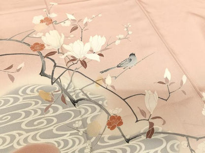 平和屋着物●訪問着　枝花に休み鳥　暈し染め　正絹　逸品　AABB6476zg