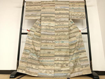 平和屋着物●小千谷紬 横段花文 百柄 正絹 逸品 AABB6501zg
