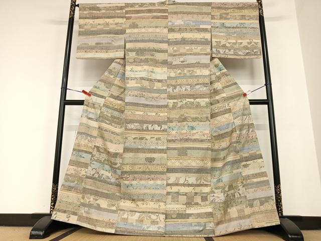 平和屋着物●小千谷紬 横段花文 百柄 正絹 逸品 AABB6501zg