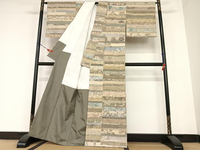 平和屋着物●小千谷紬 横段花文 百柄 正絹 逸品 AABB6501zg