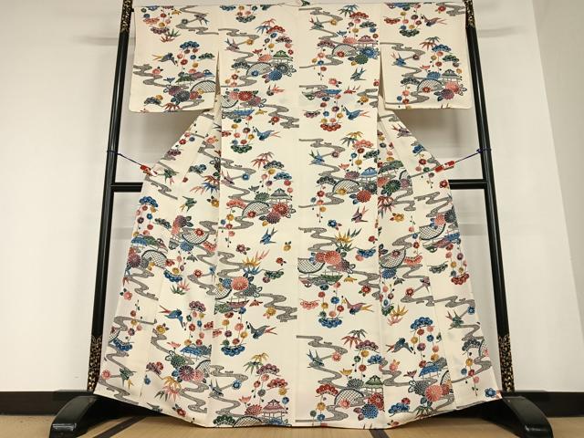 平和屋着物●紅型 小紋 風景花鳥文 松竹梅 高島屋扱い 正絹 逸品 未使用 AABB6519zg