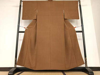 平和屋着物●上質な色無地　黒茶色　正絹　逸品　AABB6531zg