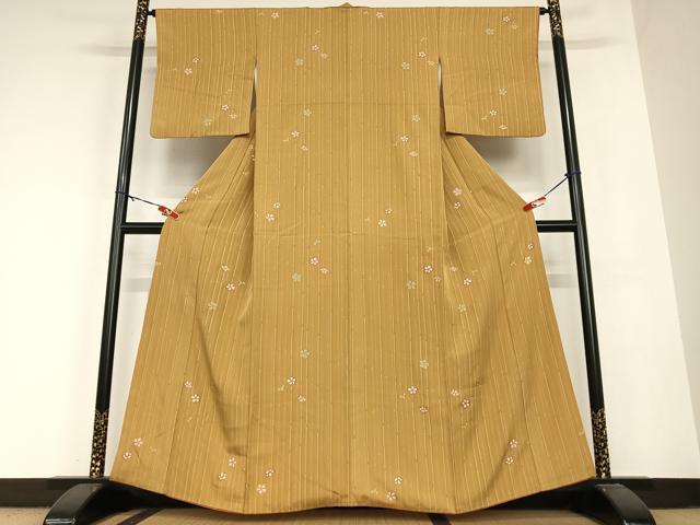 平和屋着物●上質な小紋　舞花文　竹縞　金彩　正絹　逸品　AABB6534zg