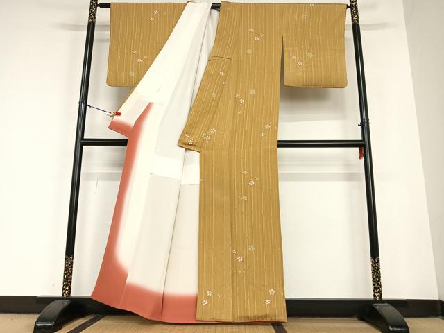 平和屋着物●上質な小紋　舞花文　竹縞　金彩　正絹　逸品　AABB6534zg