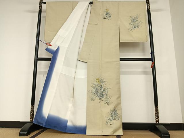 平和屋着物●訪問着　紬地　草花文　正絹　逸品　AABB6562zg