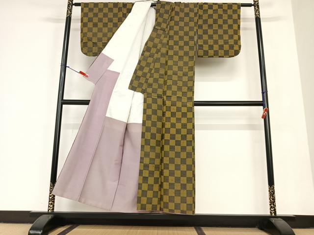 平和屋着物●上質な紬 市松文様 正絹 逸品 AABB6575zg
